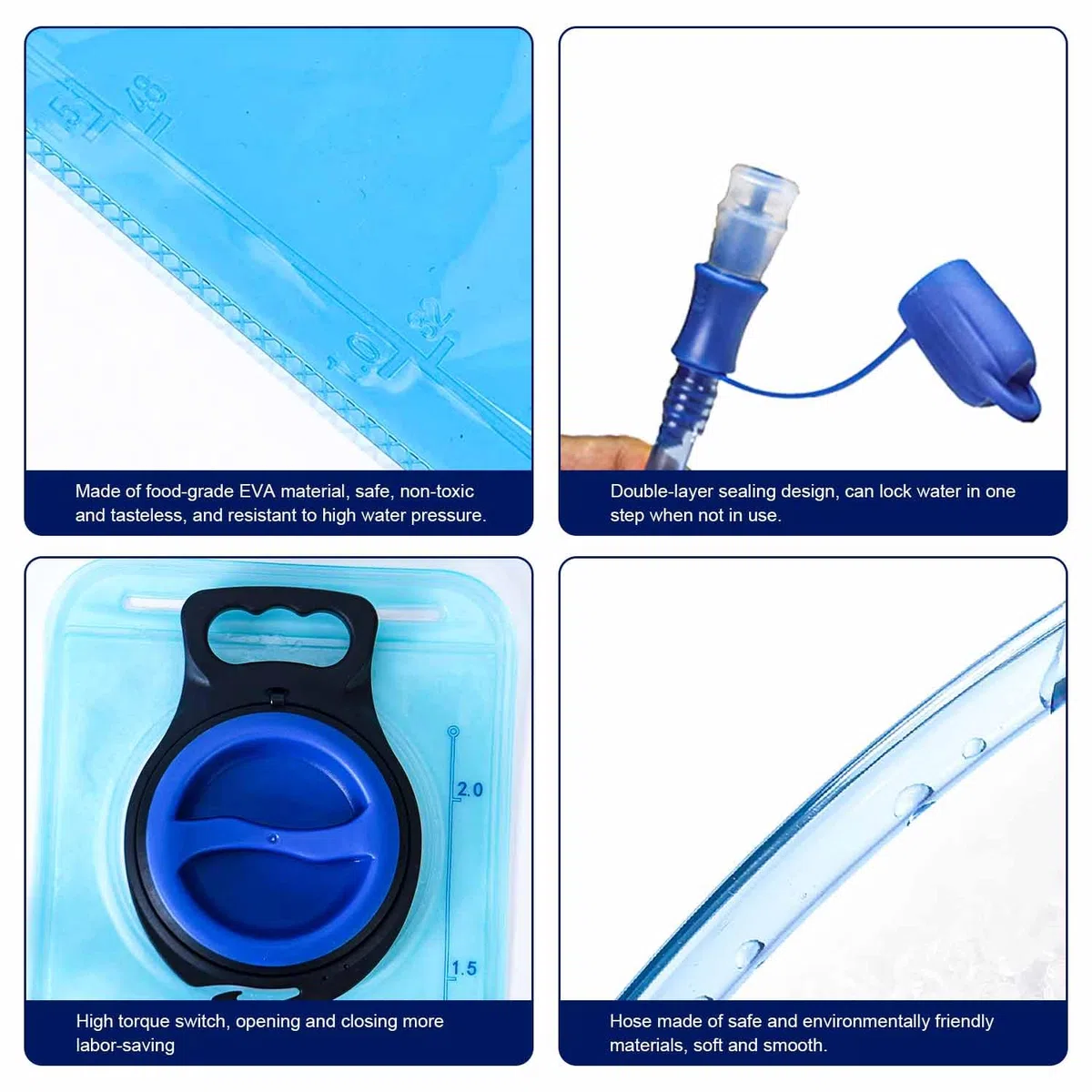 1 sacchetto per l'acqua da 2 litri, portatile, per lo sport, a prova di perdite, sacchetto dell'acqua riutilizzabile, per ciclismo, campeggio, escursioni (blu)