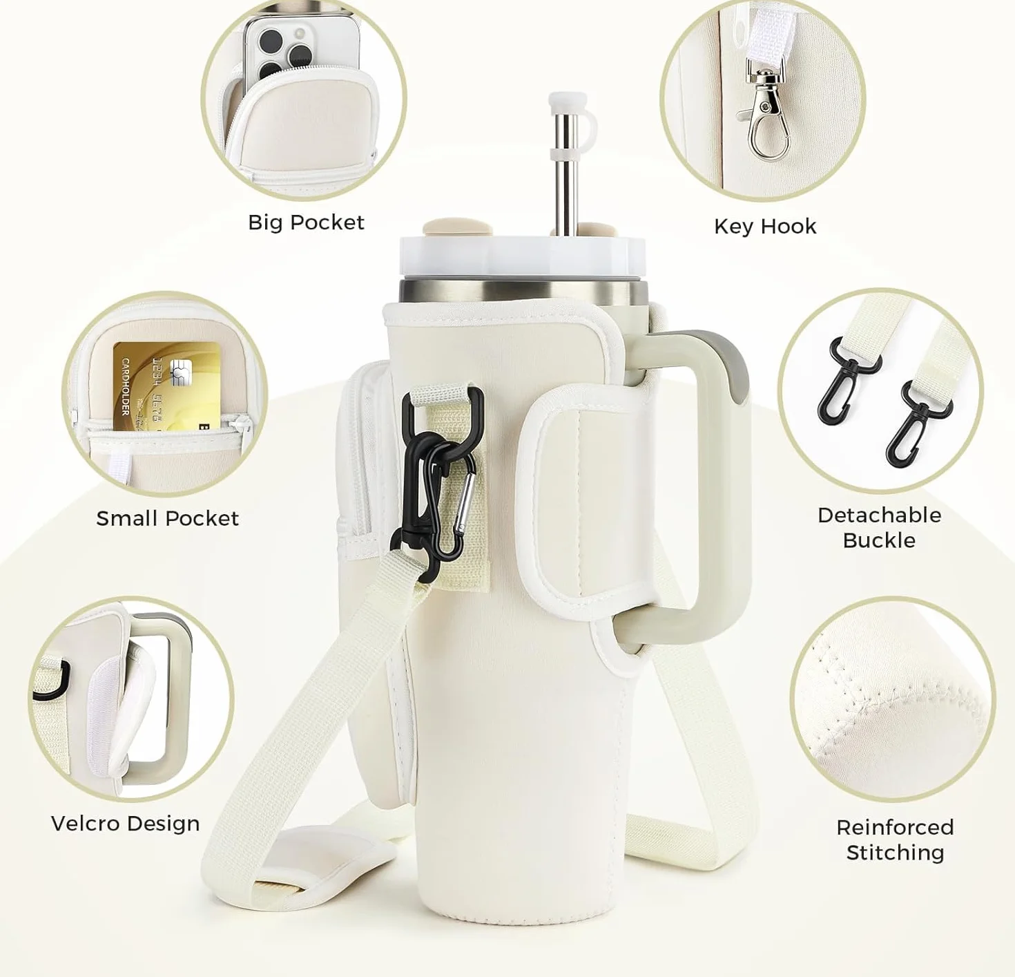 Borsa per Stanley Cup 1,2 l/40 oz Stanley Cup, borsa per l'acqua con scomparto per cellulare, moschettone e tracolla regolabile, per viaggi, escursioni, corsa, ciclismo