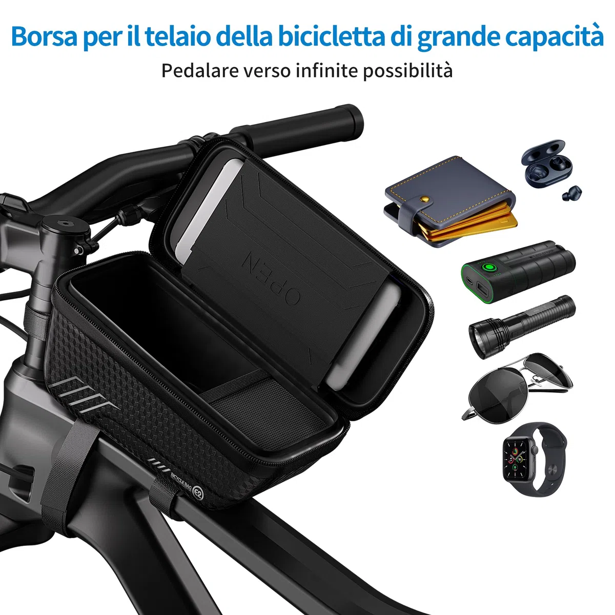 Borsa da Manubrio Bici, Accessori per Bici Borsa da Bici Telaio Impermeabile, Borsa Portacellulare per Bicicletta con TPU Screen, Borsa Bici mtb Antigraffio Adatta a Phone Sotto i 6,7''