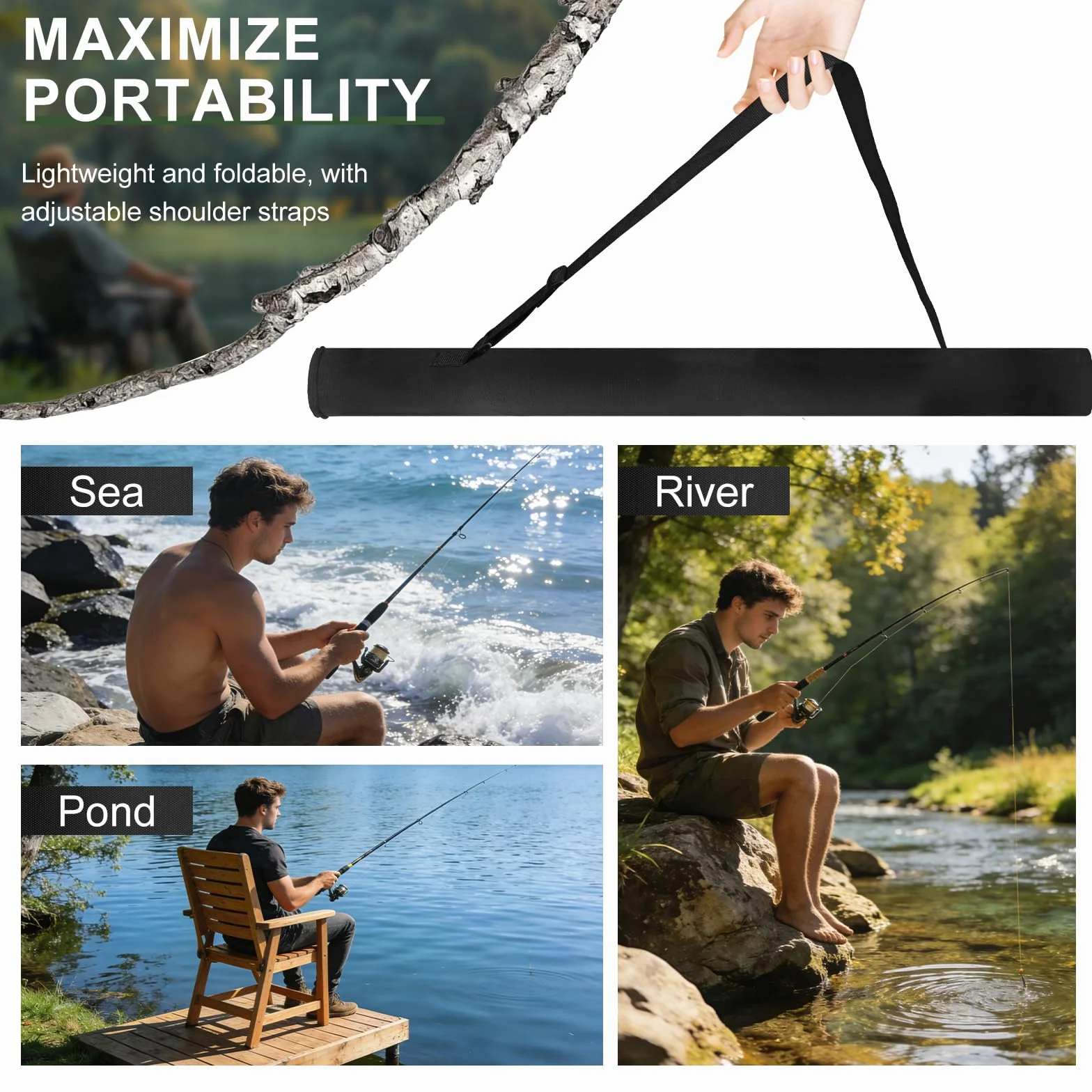 Porta Canne da Pesca in Tela, Borsa da Pesca 130x13cm per 2-3 Canne, Sacca Porta Canne da Pesca Pieghevole con Tracolla Regolabile, Nero