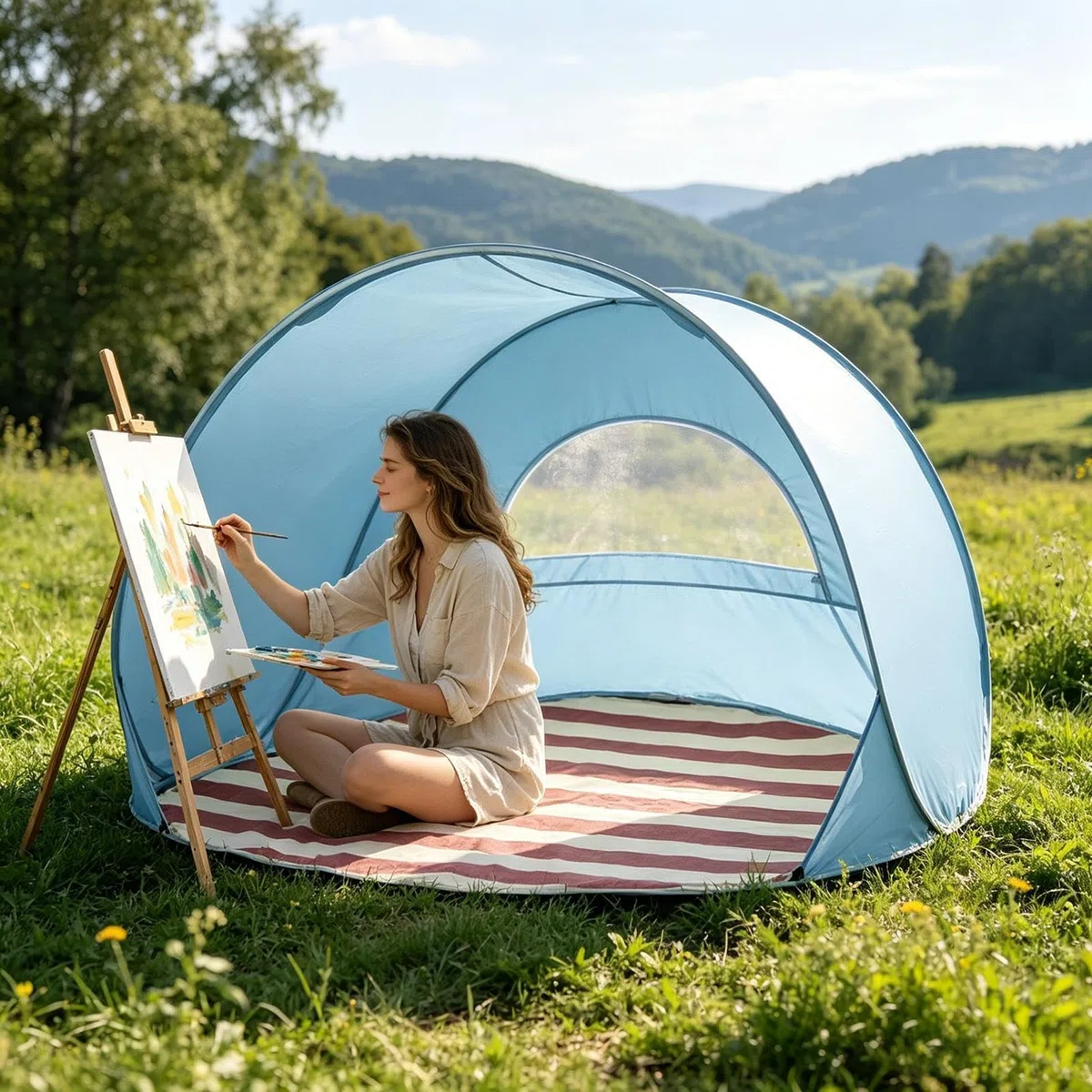 Tenda Da Spiaggia | Tenda Da Spiaggia Pop-up Con Protezione UV | Tende Parasole Portatile Pop-up Con Finestra Di Ventilazione E Custodia | Tende Parasole Da Esterno Ad Apertura Rapida (Blu)