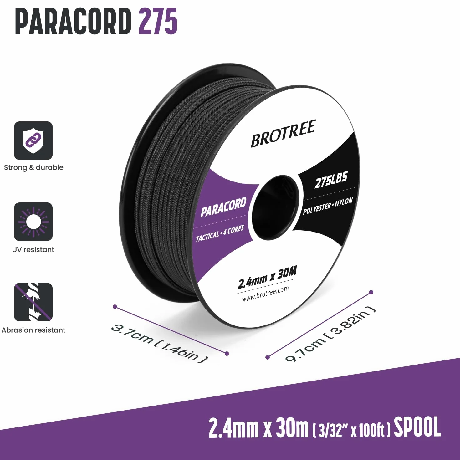 Brotree Paracord 2,4 mm 275lb Corda Nylon 30M Bobina Sopravvivenza 125 kg Carico di Rottura Nero