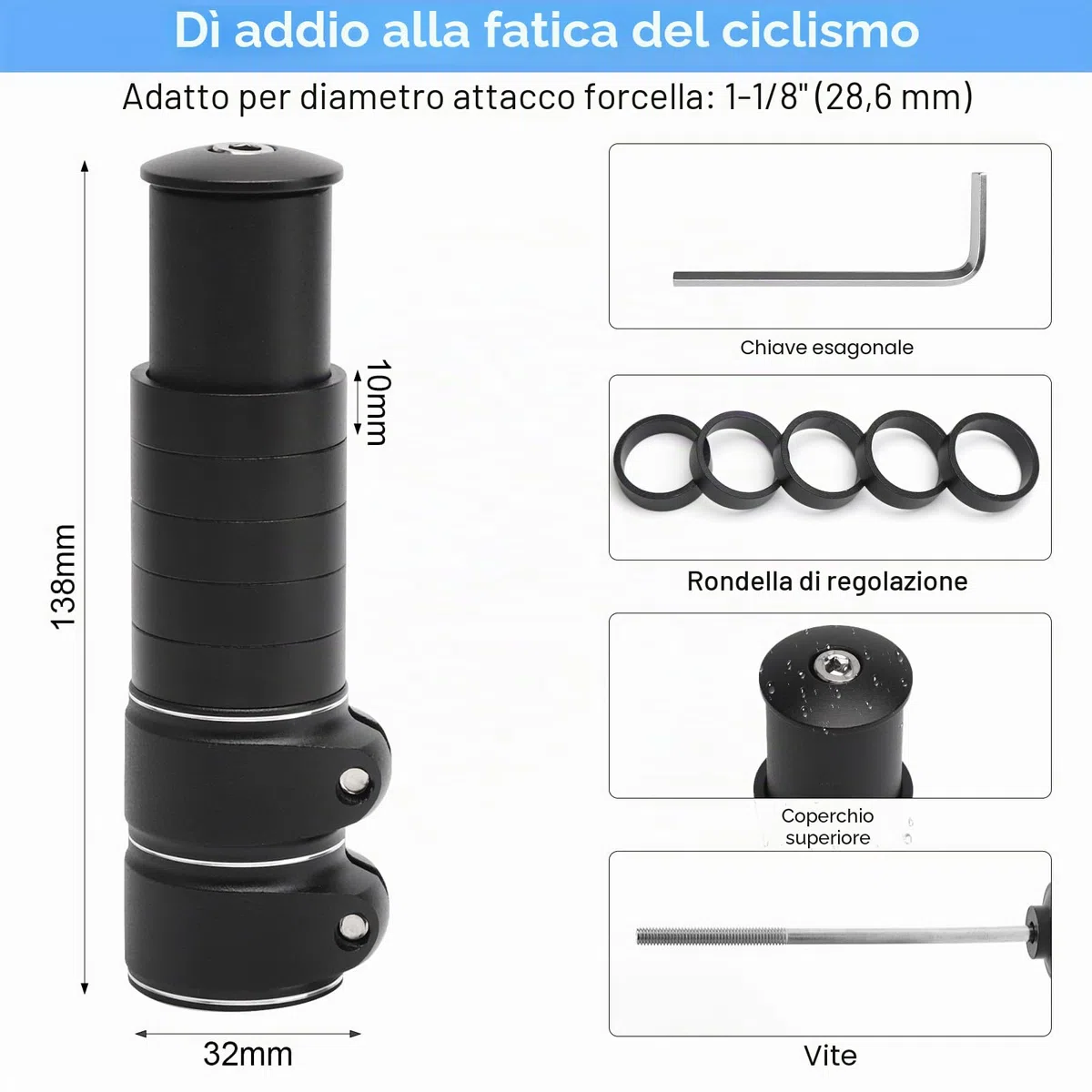 APOMOONS Rialzo Manubrio per Bicicletta con Chiave Esagonale,Rialzo Manubrio in Alluminio Cube Rialzo Manubrio MTB Rialzo Manubrio per Biciclette da Corsa MTB e City Bike da 28,6MM (Nero 138 X 28,6MM)