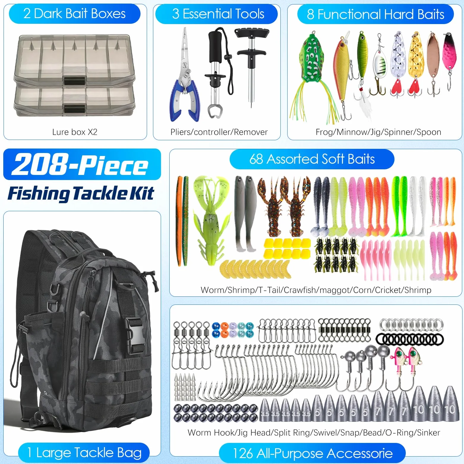 Set di 208 sacchi da pesca, zaino da pesca impermeabile con scatole, set di esche da pesca, borsa da pesca con pinze, rimozione ami e labbra, per acqua dolce salata
