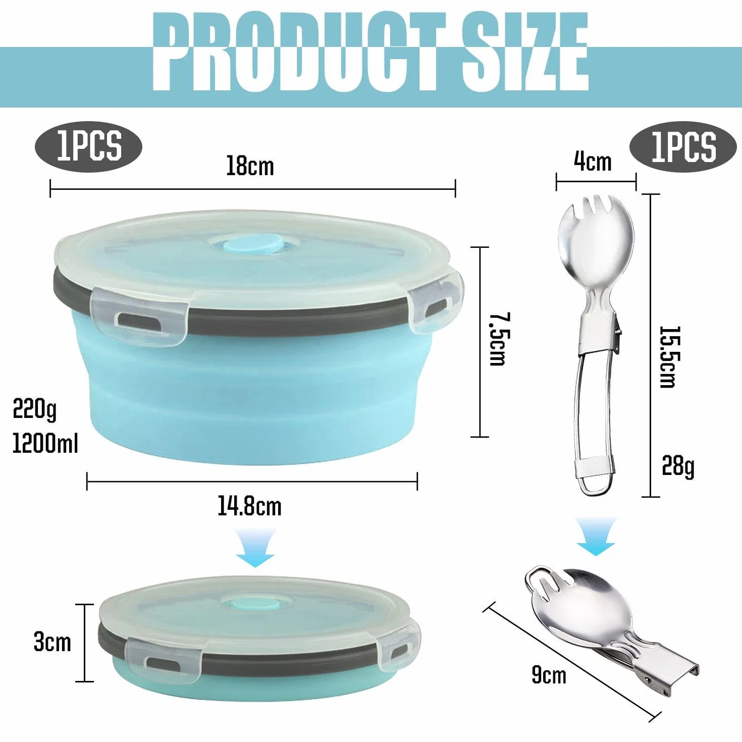 Ciotola Pieghevole Da 1 Pezzo, 1200 Ml, Silicone Riutilizzabile, Ciotola Campeggio Coperchio, Portatile Pranzo Rotonda, Stoviglie Pratiche