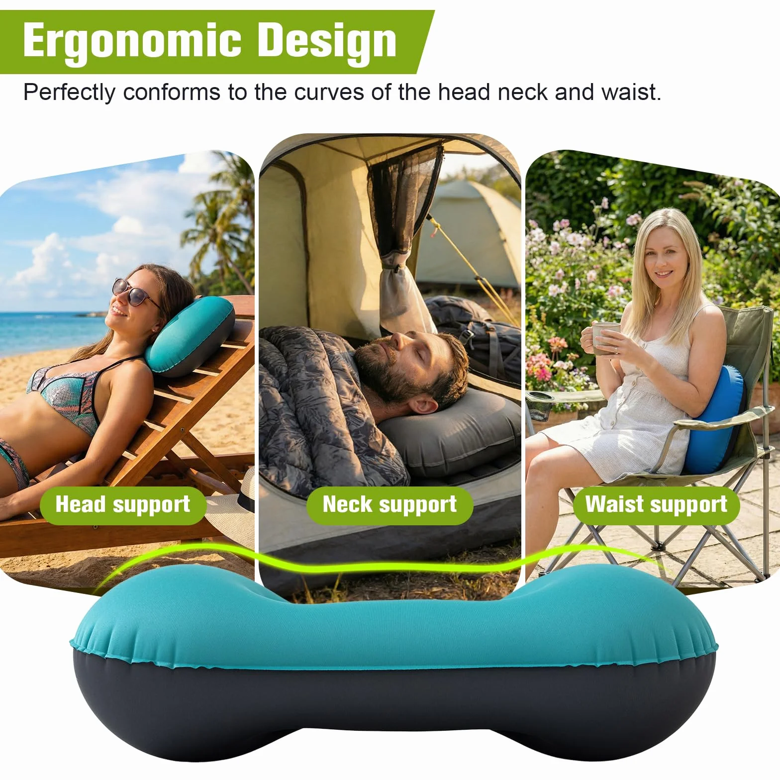 Cuscino da Campeggio Leggero e Compatto, Gonfiabile Mare e Cuscino Spiaggia da Viaggio con Supporto Ergonomico, Campeggio Accessori, Accessori Viaggio e Trekking (Turchese)