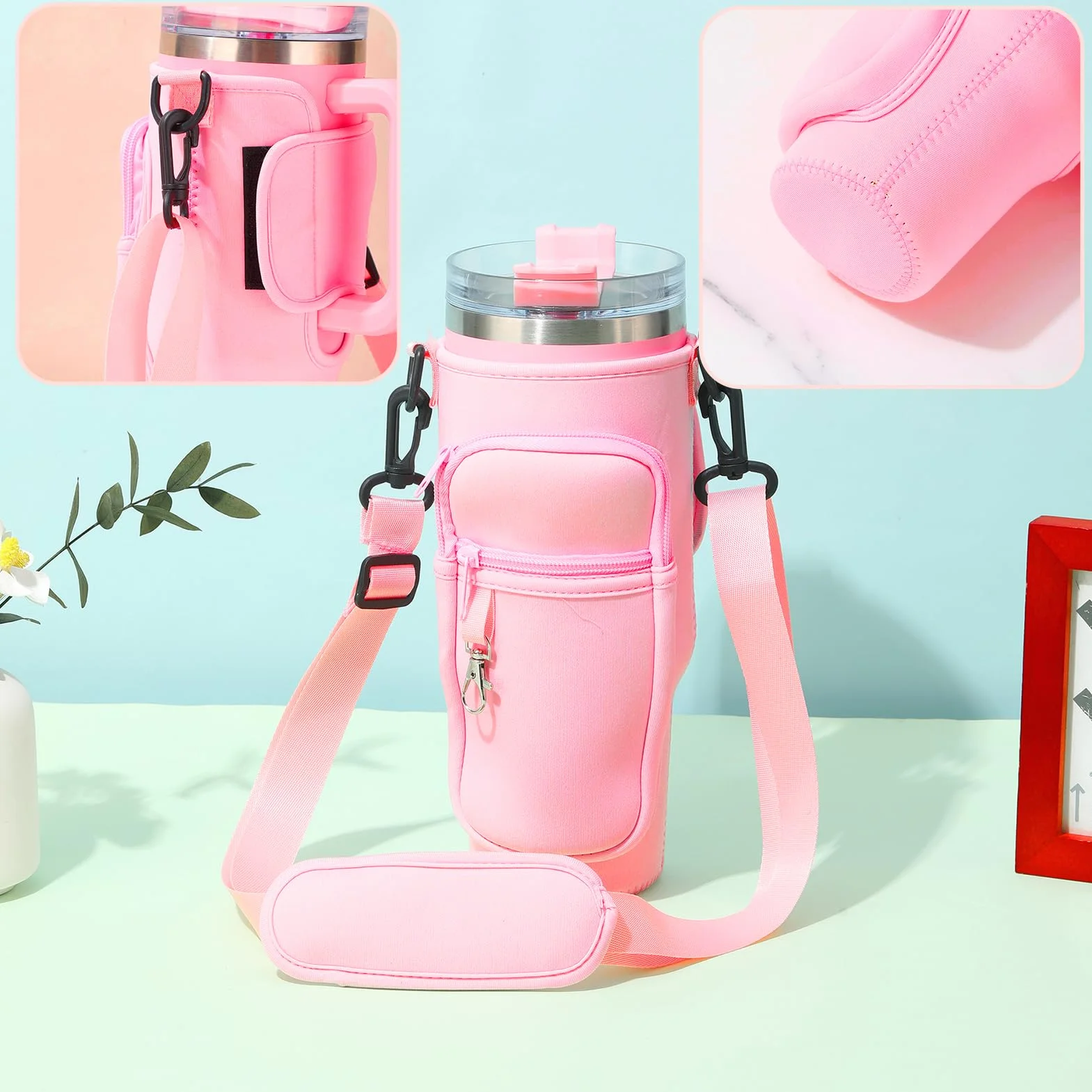 Borsa porta bottiglie d'acqua a tracolla con cinghia regolabile rosa