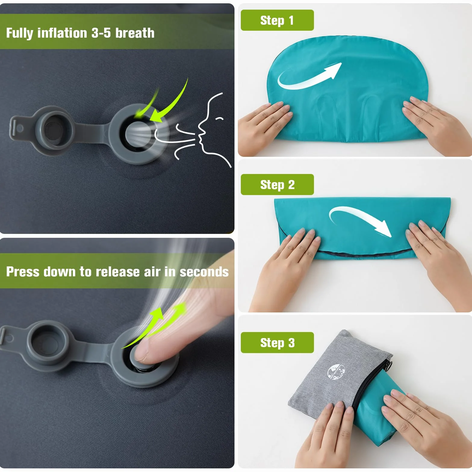 Cuscino da Campeggio Leggero e Compatto, Gonfiabile Mare e Cuscino Spiaggia da Viaggio con Supporto Ergonomico, Campeggio Accessori, Accessori Viaggio e Trekking (Turchese)