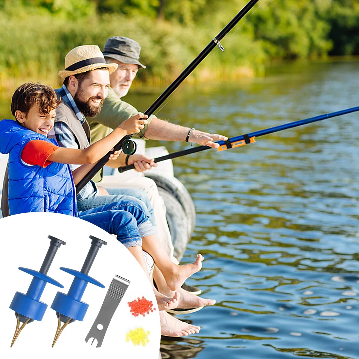 Realure 1100 Anelli con Micro Esche Rosse in Gomma Gialla, con 2 Pezzi di Pellet Bait Bander, Accessori da Pesca per Il Fissaggio Rapido di Esche, Pellet, Falena d'Api, Verme (Blu)