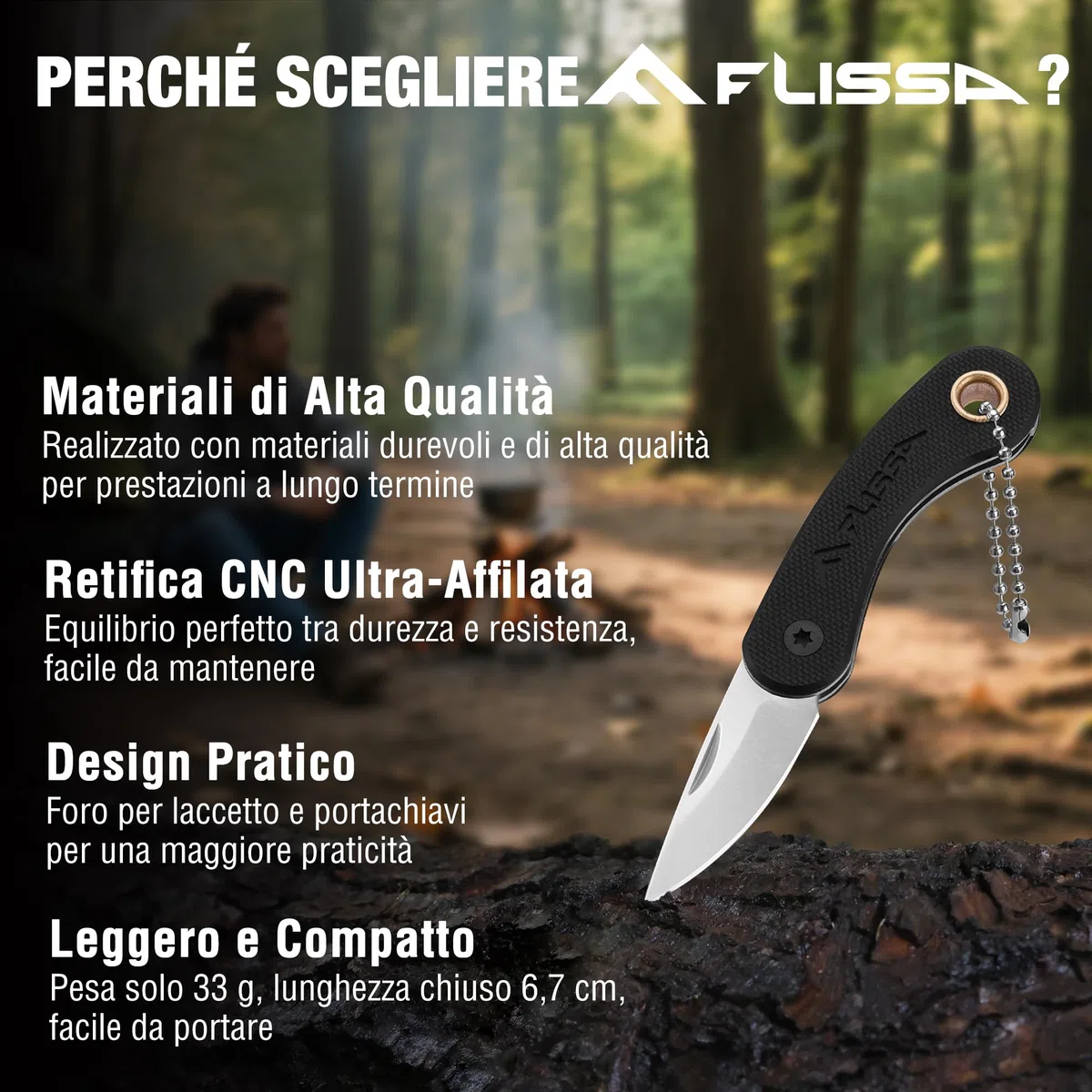 FLISSA Mini Coltello Tascabile, Coltello a Serramanico con Manico in G10,Lama in Acciaio INOX 5CR15MOV, Finitura CNC, Taglierino Portatile, EDC per Uso Quotidiano e Attività Outdoor