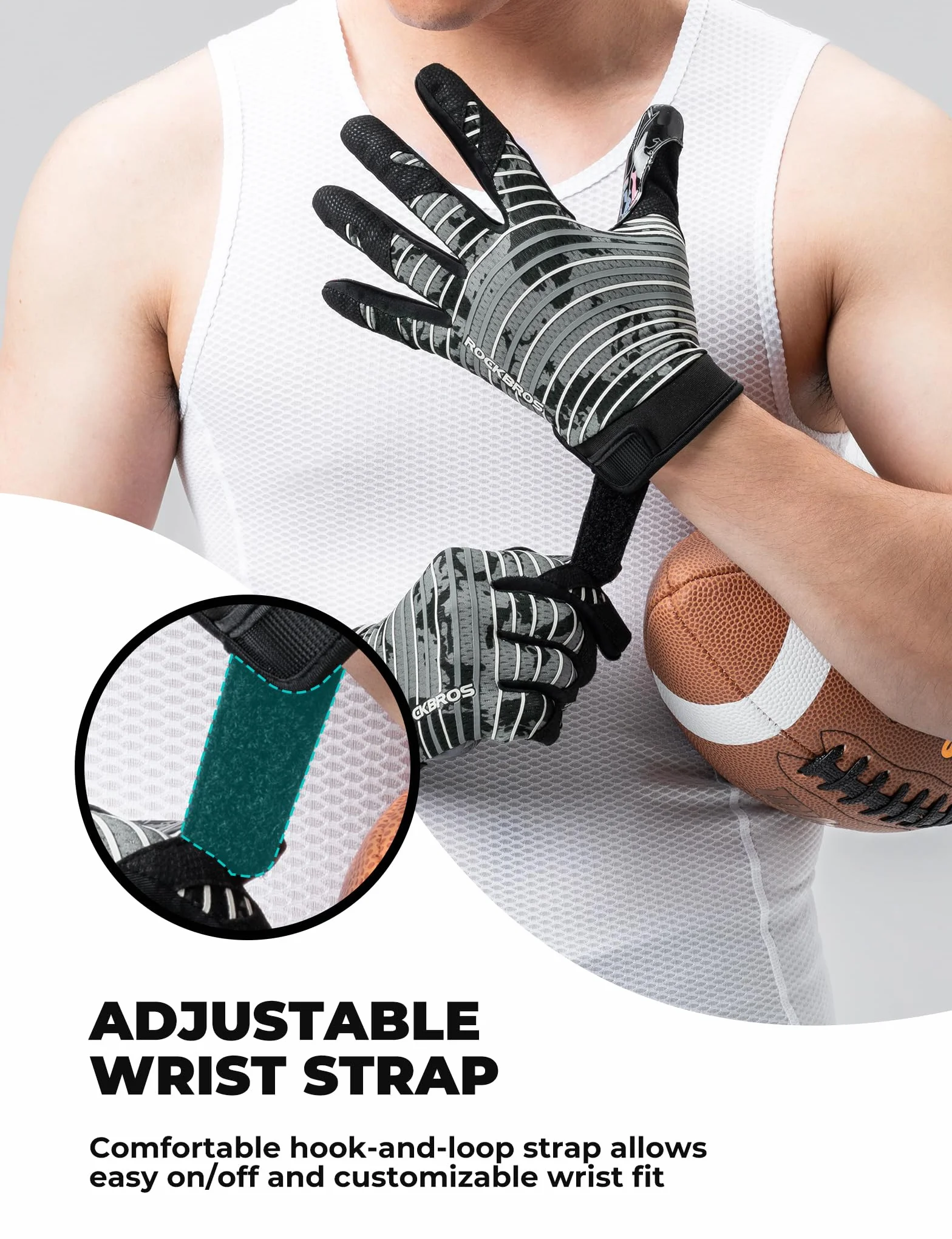 ROCKBROS Guanti da Football Americano per Ricevitore Adulti, Guanti da Allenamento Antiscivolo per Calcio Rugby Baseball Elastico e Traspirante, per Sport con la Palla e all'Aperto, Grigio