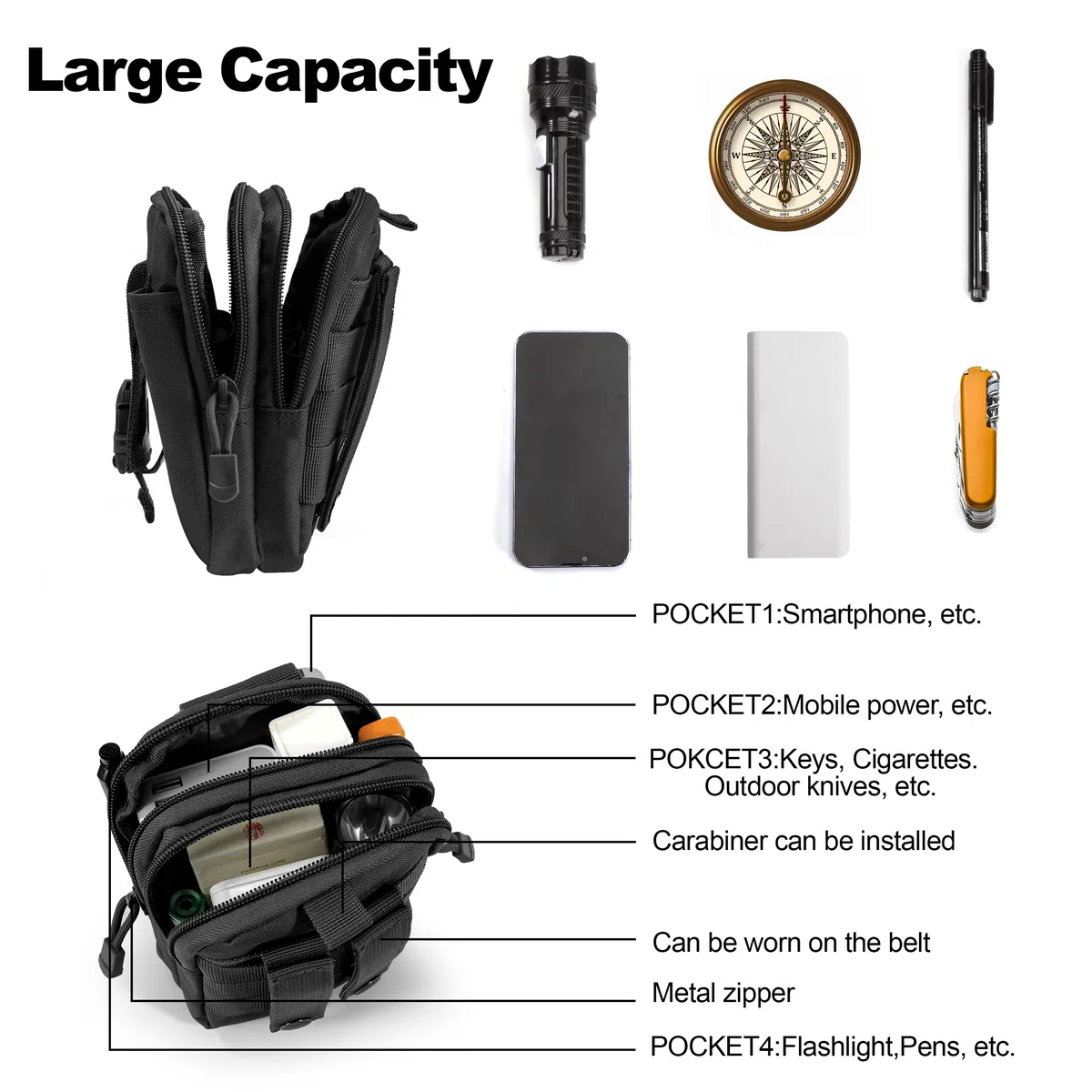 Marsupio Tattico Molle EDC Compatto Borsa Da Cintura Multiuso Marsupi Sportivo Esterno Per Escursionismo Campeggio Ciclismo Corsa Pesca, Nero