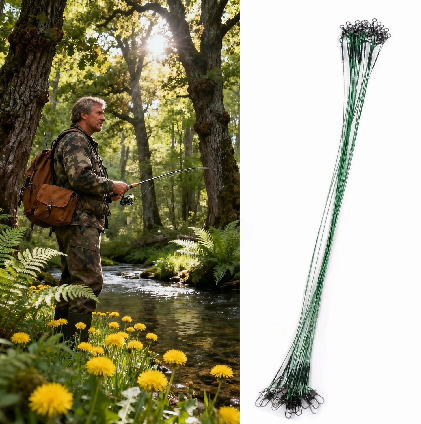 KIMHOME Ami da pesca verdi da 20 cm con terminale (test 22,7 kg), confezione da 20 pezzi, filo resistente anti-morso, in acciaio al carbonio resistente alla corrosione, affilato per luccio, pesce