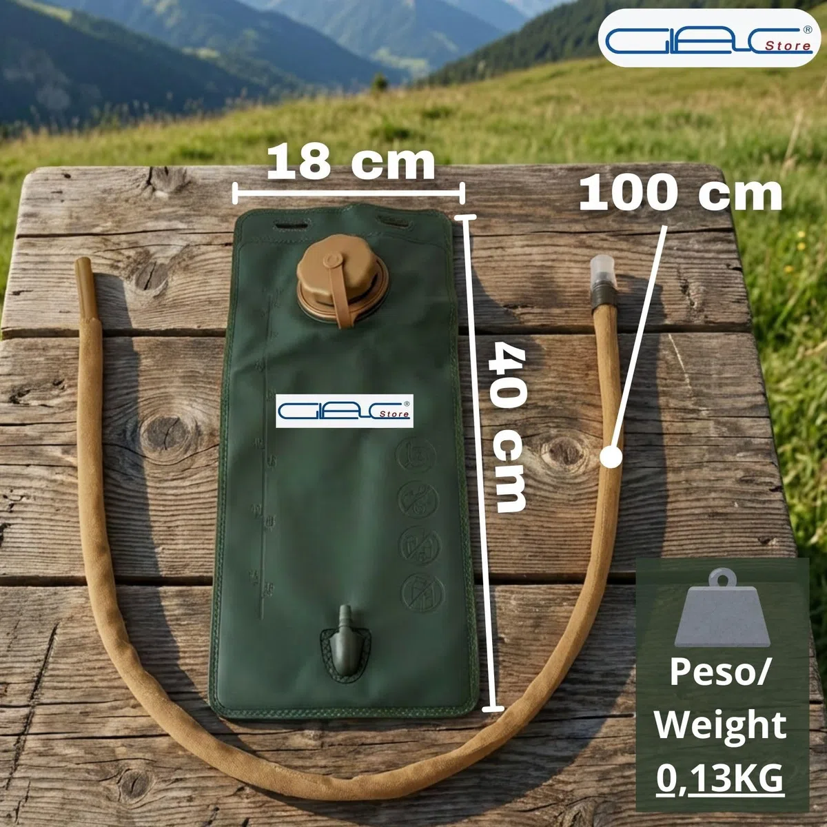 Sacca Idrica 2,5 Litri CamelBak, Verde, Materiale PU e Neoprene, con Tubo 100cm, per Softair Trekking Corsa Campeggio Arrampicata, 40x18cm