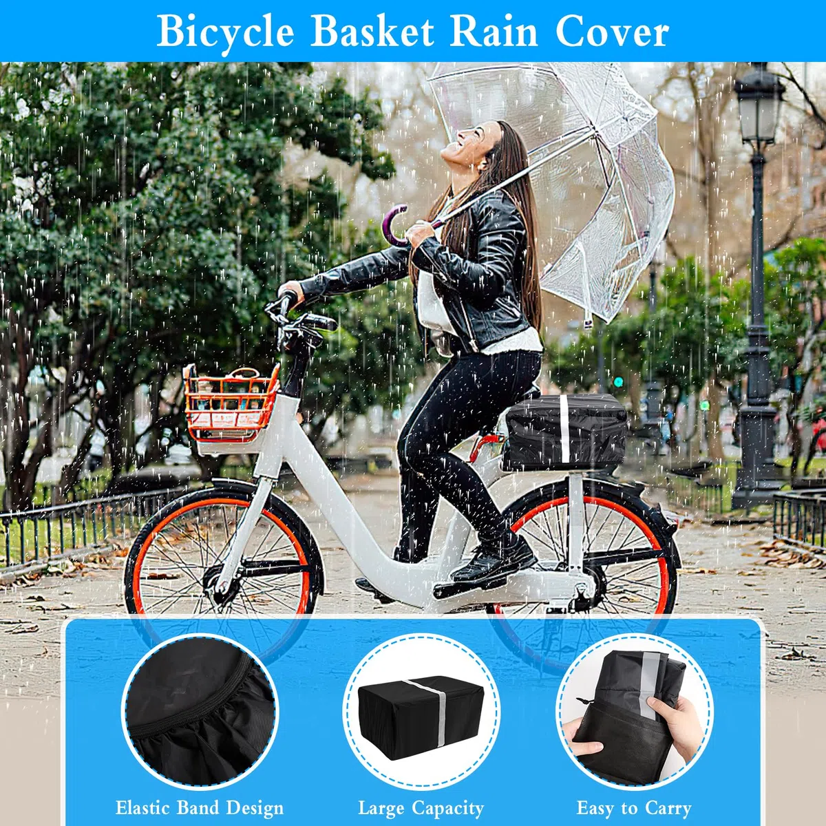 Copertura Antipioggia Per Cestini Da Bicicletta Strisce Catarifrangenti Copri Cestino Bicicletta con Rete Ragno Elastica Corda Elastici Moto e Organizzatore a coulisse, per la Maggior Parte Biciclette
