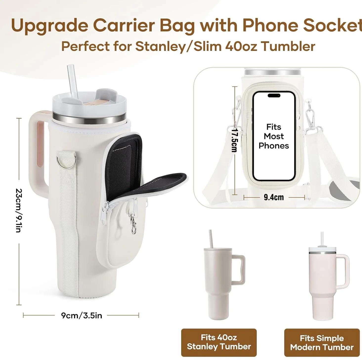 Borsa per Stanley Cup 1,2 l/40 oz Stanley Cup, borsa per l'acqua con scomparto per cellulare, moschettone e tracolla regolabile, per viaggi, escursioni, corsa, ciclismo