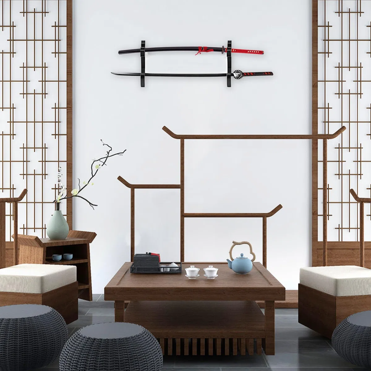 Set di 2 Porta Katana da Muro Ganci da Parete 2-Tier Supporto Spada Muro in Legno Regolabile Supporti Espositore per Spada Samurai Katana Wakizashi Slayer Weapon Rack (Nero)
