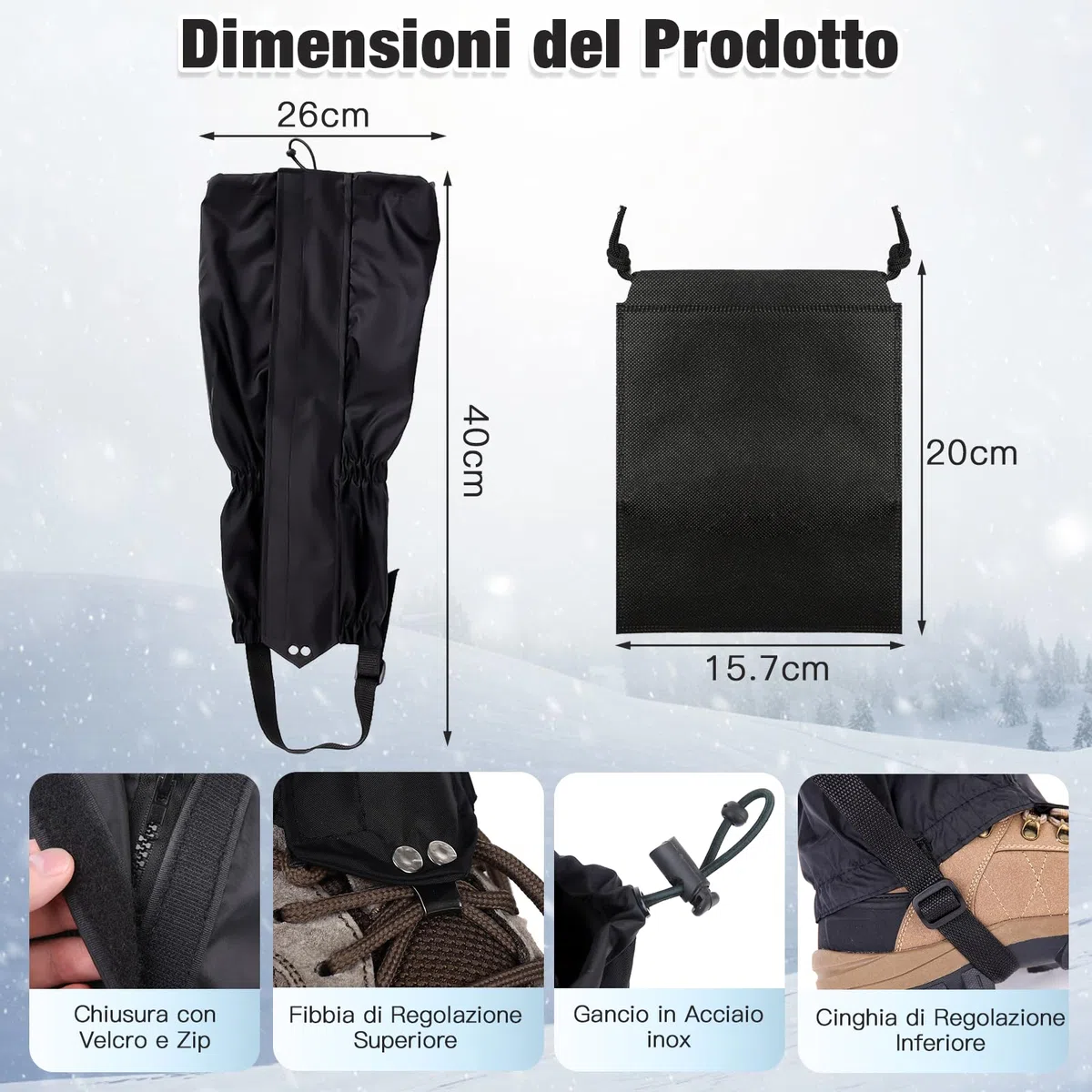 1 Paia Nero Ghette Impermeabili Trekking Uomo Donna, Ghette da Neve Regolabile Ghette da Esterno Ghette Trekking Ghette per Escursioni Sci Arrampicata, con Borsa per La Conservazione