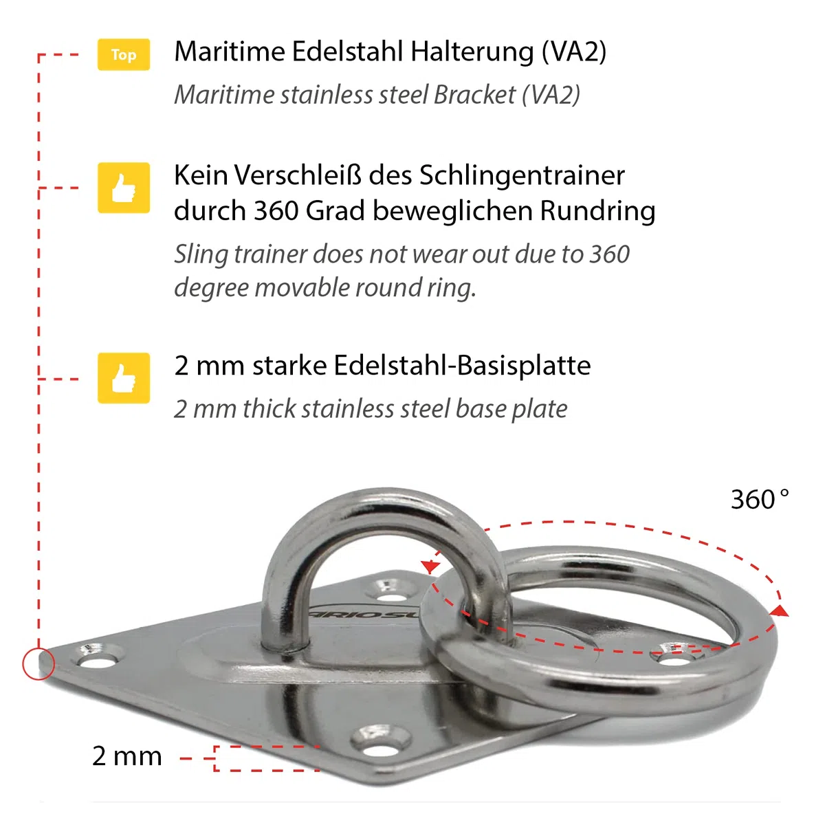 Placca con Occhiello/Uncino e Anello per Parete o Soffitto - Attrezzi per Un Allentamento in Sospensione/Sling Trainer