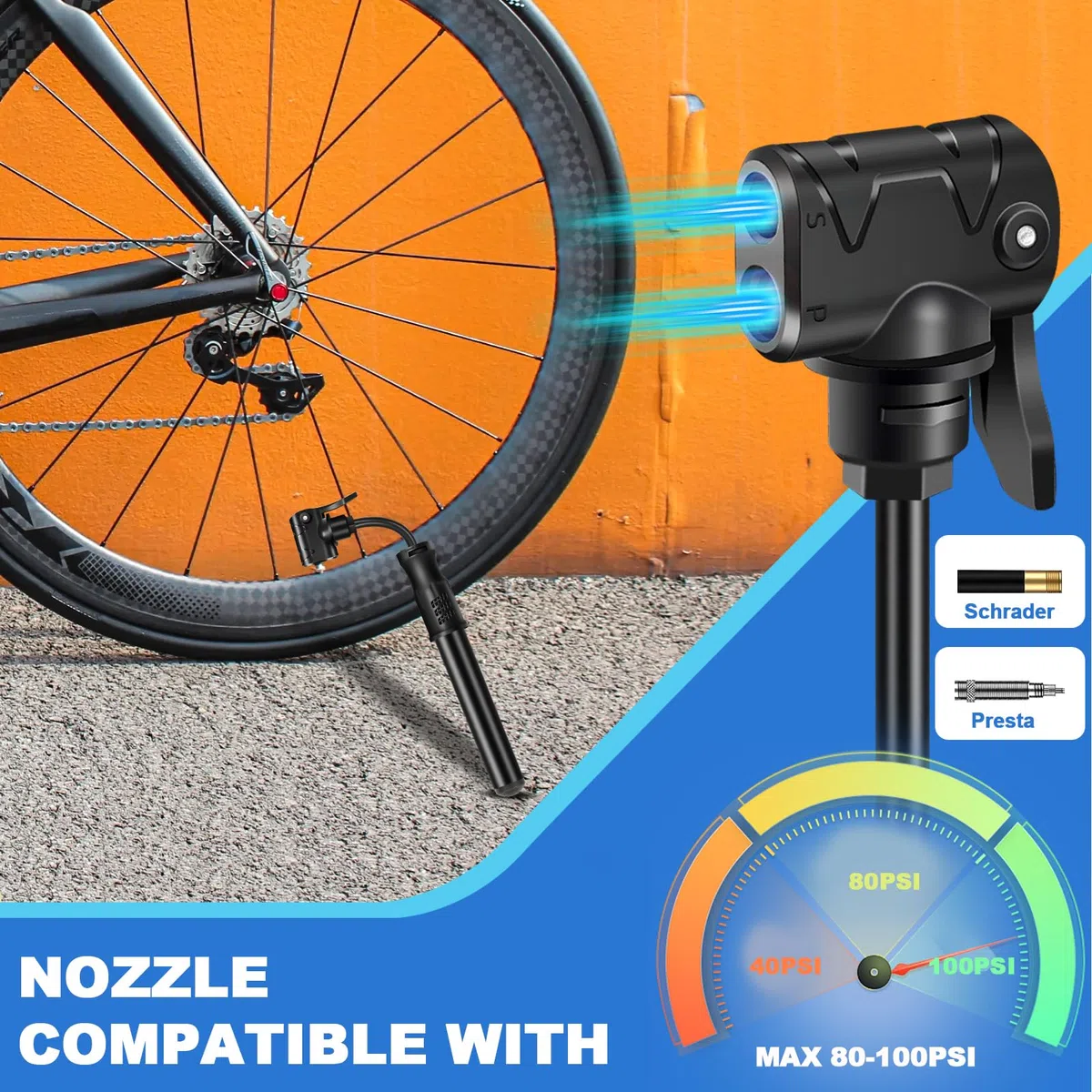 Pompa per Bicicletta, Pompa Bici con Tubo Nascosto, 100 PSI Pompa Bicicletta Universale Adatta per Valvola Presta Schrader, Portatile Pompa Bici per Corsa, Strada, MTB, Biciclette Bambini