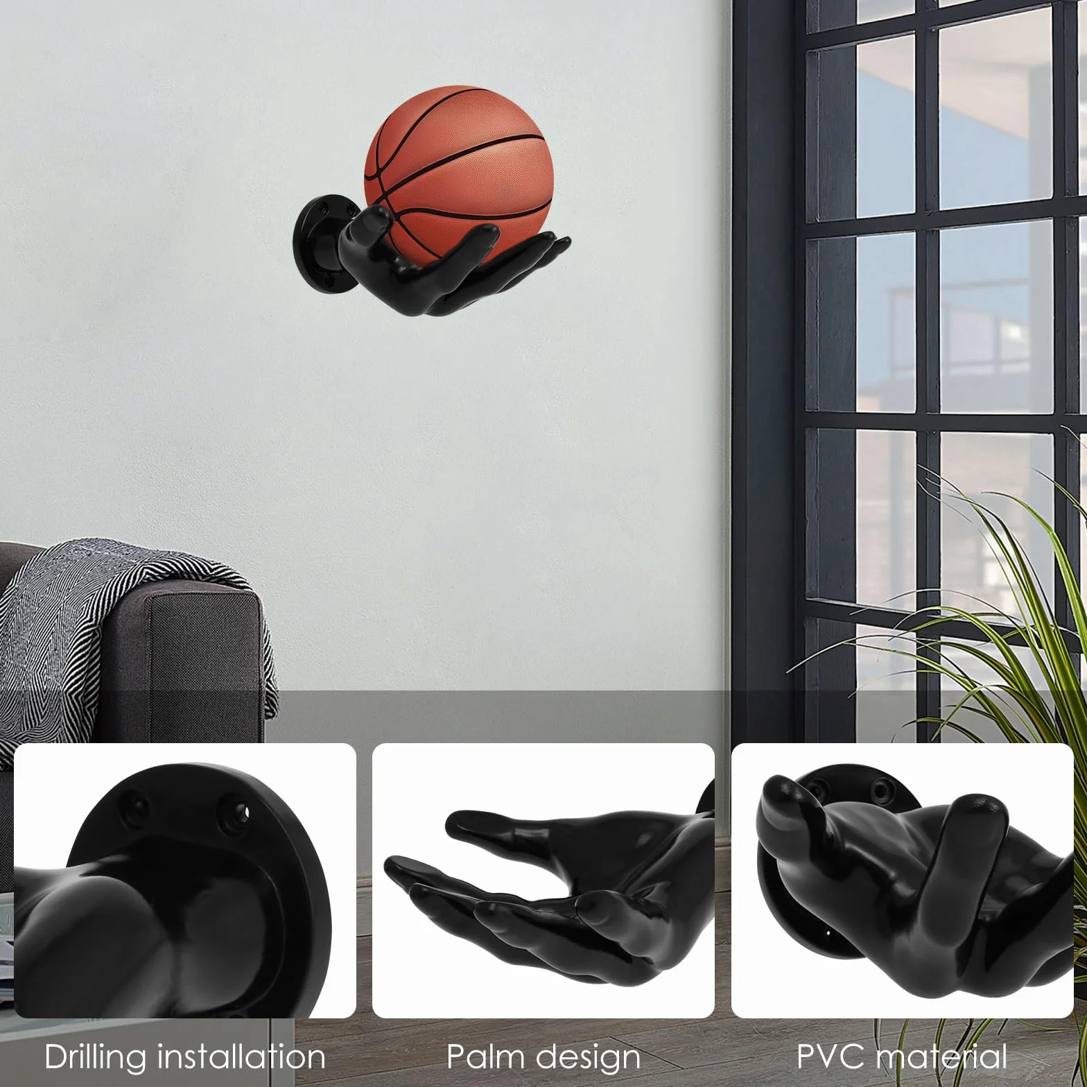 Supporto da parete a mano, 15 x 21,5 cm, ultra sicuro, stabile con 4 viti, 4 chiodi, supporto creativo per pallacanestro, pallavolo
