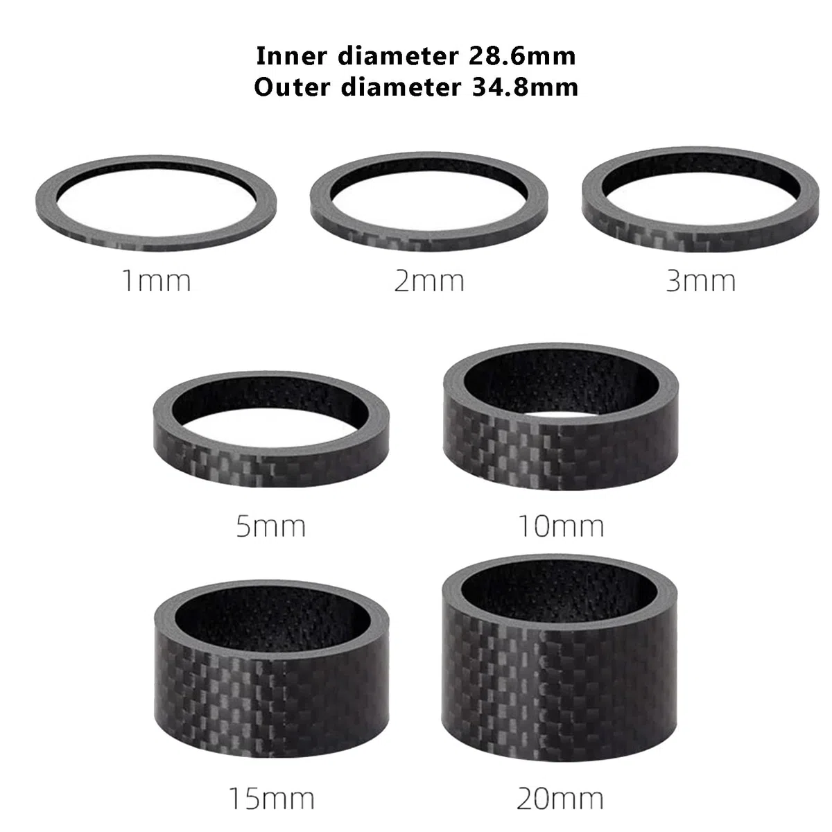 Set di 15 distanziatori per bicicletta, 7 misure, in fibra di carbonio, per bici da strada, distanziatori per bicicletta, 1 mm/2 mm/3 mm/5 mm/10 mm/15 mm/20 mm