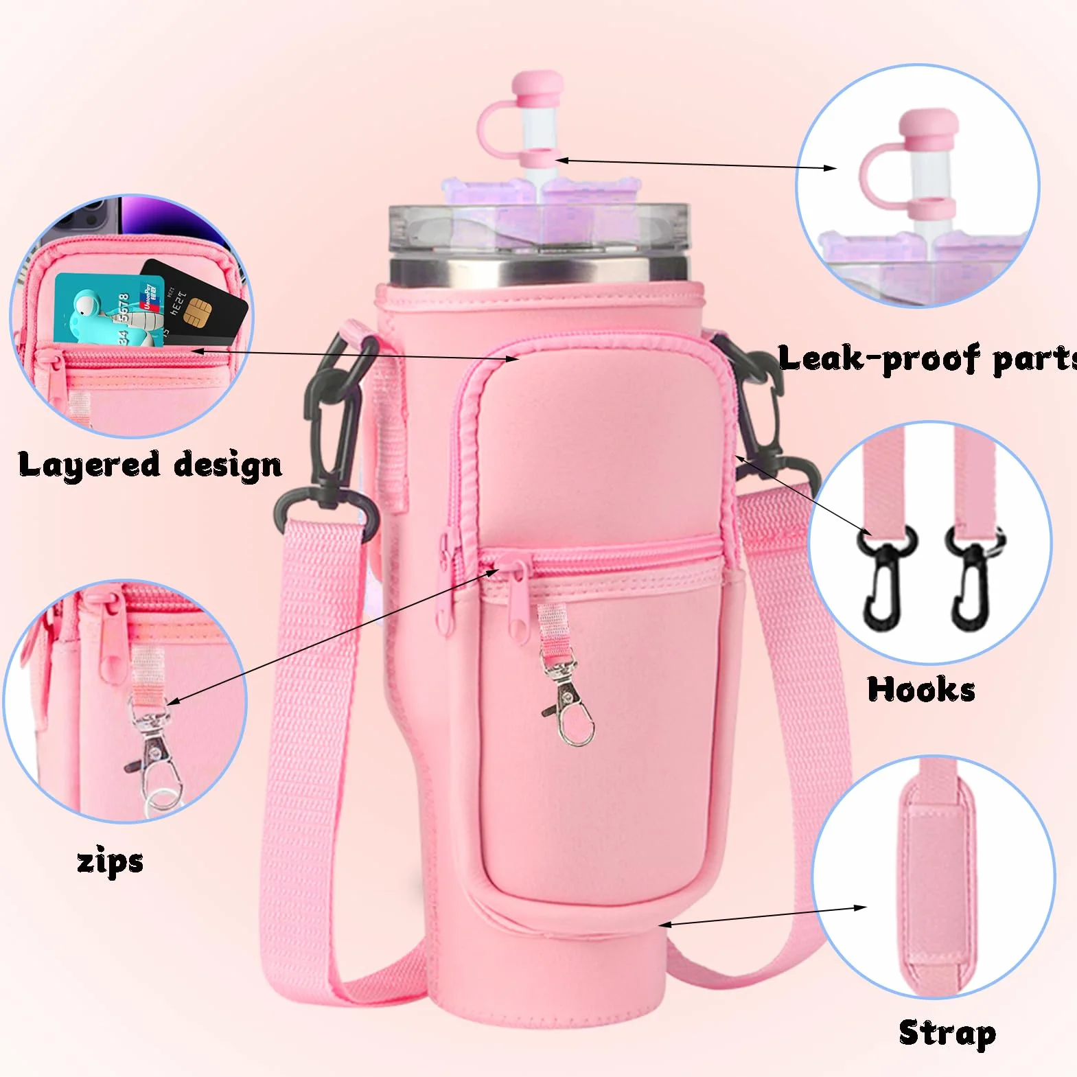 Borsa porta bottiglie d'acqua a tracolla con cinghia regolabile rosa