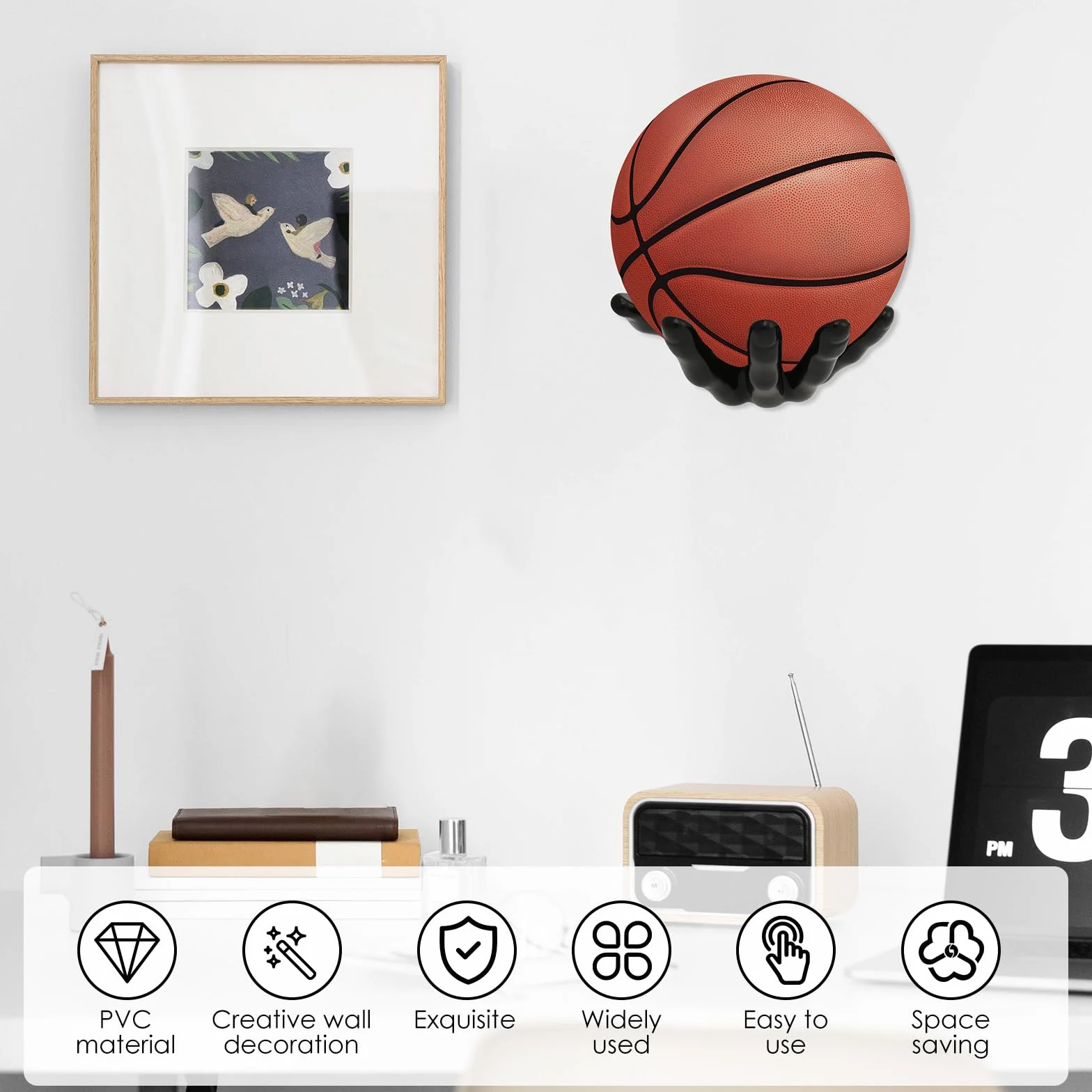 Supporto da parete a mano, 15 x 21,5 cm, ultra sicuro, stabile con 4 viti, 4 chiodi, supporto creativo per pallacanestro, pallavolo
