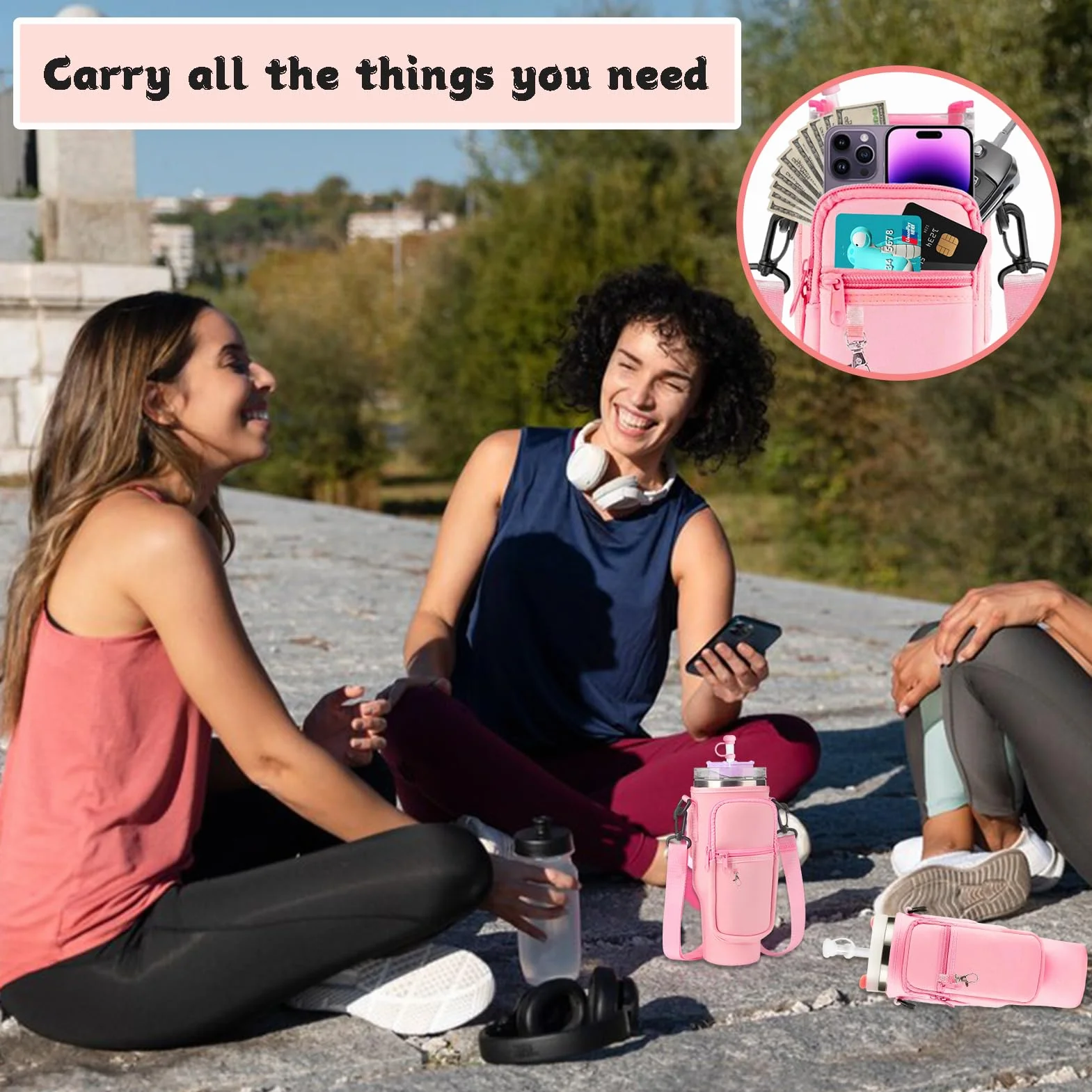 Borsa porta bottiglie d'acqua a tracolla con cinghia regolabile rosa