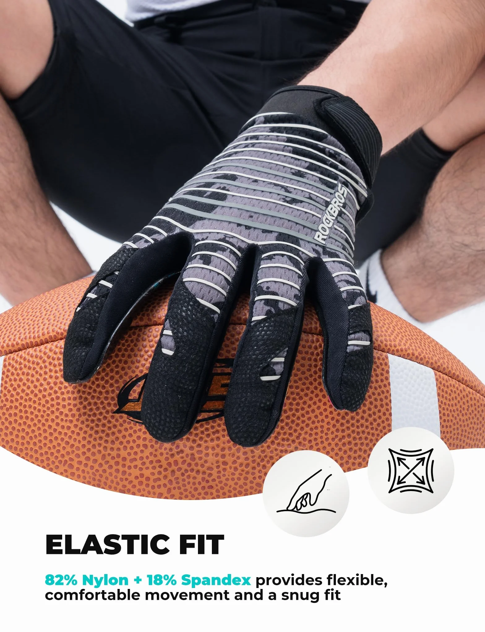 ROCKBROS Guanti da Football Americano per Ricevitore Adulti, Guanti da Allenamento Antiscivolo per Calcio Rugby Baseball Elastico e Traspirante, per Sport con la Palla e all'Aperto, Grigio